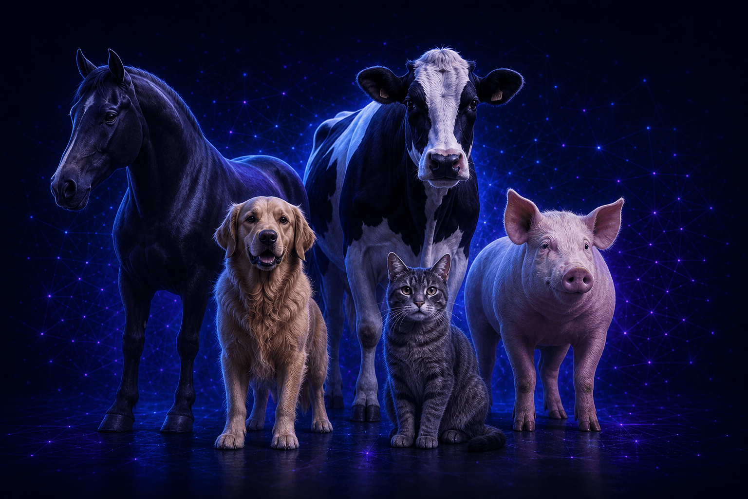 Cavalo, cão, bovino, gato e suíno representando diferentes espécies veterinárias