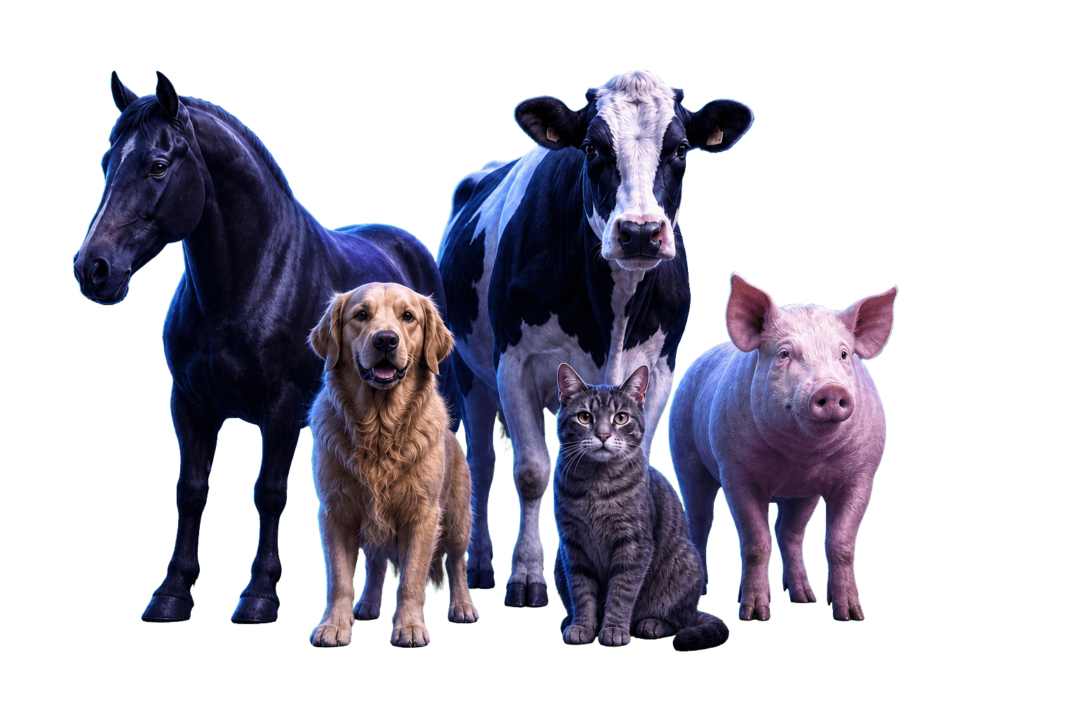 Cavalo, cão, bovino, gato e suíno representando diferentes espécies veterinárias